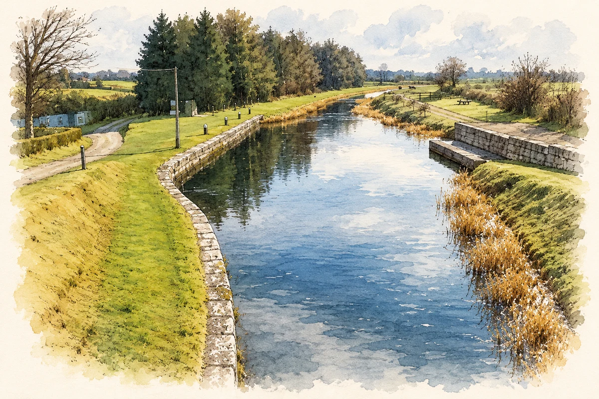 Watercolour and fine ink illustration of Royal Canal basin at Abbeyshrule, County Longford.