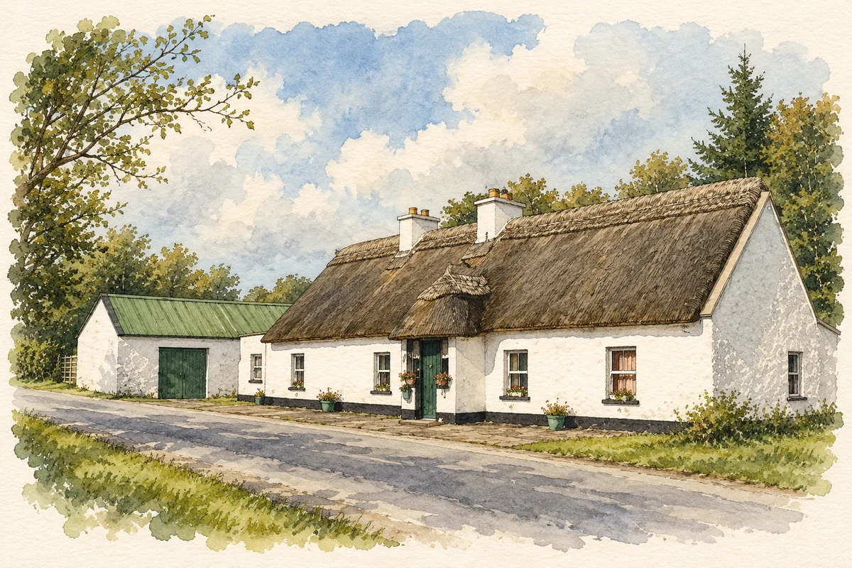 Watercolour and fine ink illustration of Thatched farmhouse, Colehill, County Longford.