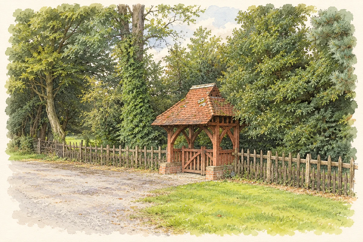 Watercolour and fine ink illustration of Lych gate at Saint Fintan’s Church, Drumcar, as photographed in2008.