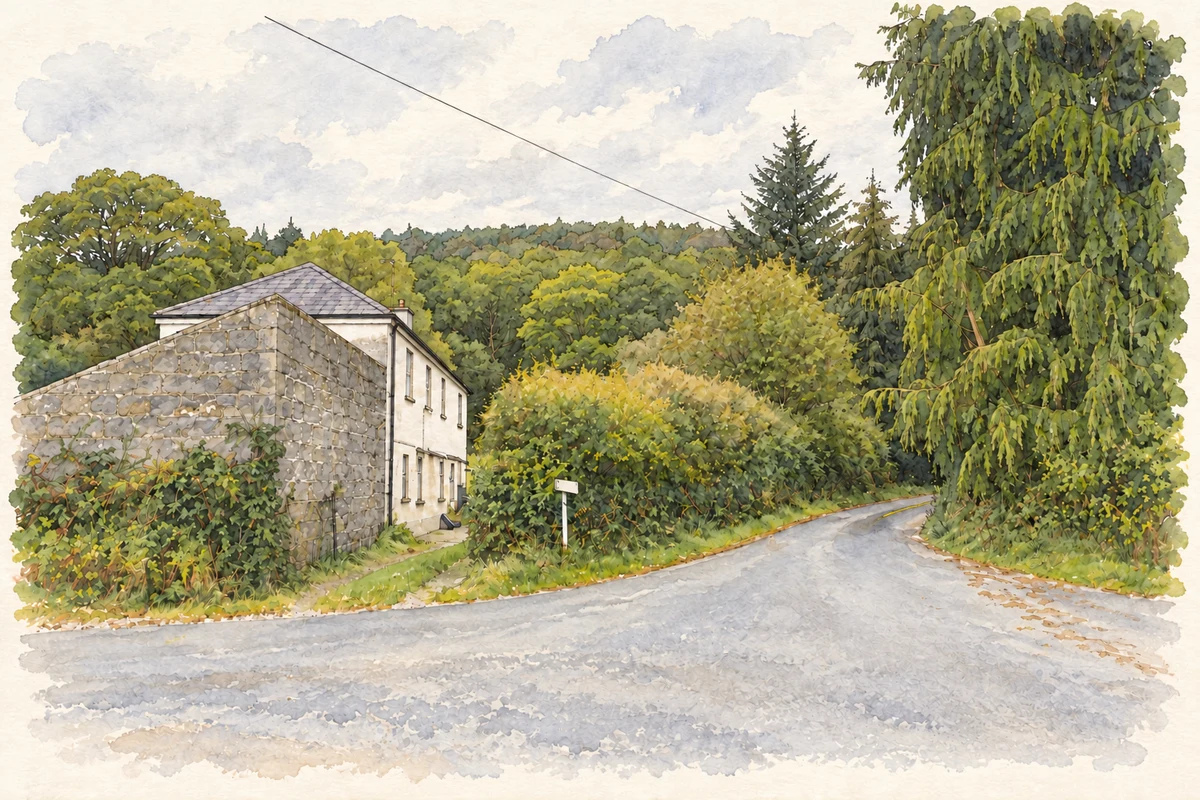Watercolour and fine ink illustration of A house at the road junction in Knockrath, as photographed in 2014.