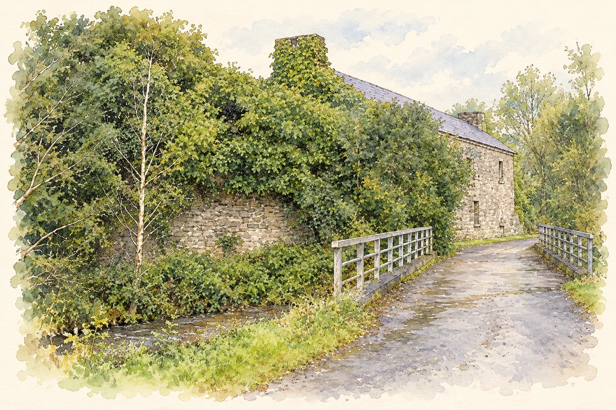 Watercolour and fine ink illustration of Riverside office houses at Drumquin, as photographed in2005.