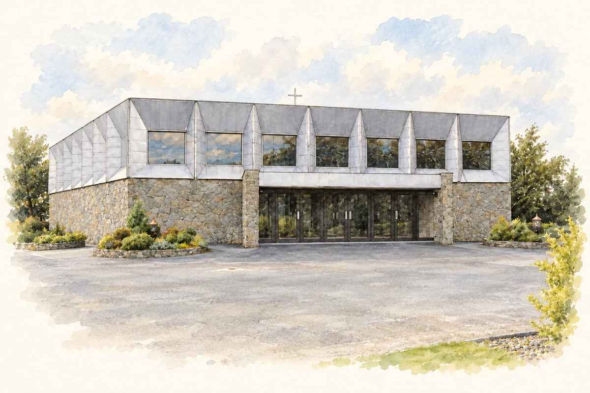Watercolour and fine ink illustration of Catholic church at Donemana (Dunnamanagh), as photographed in2006.
