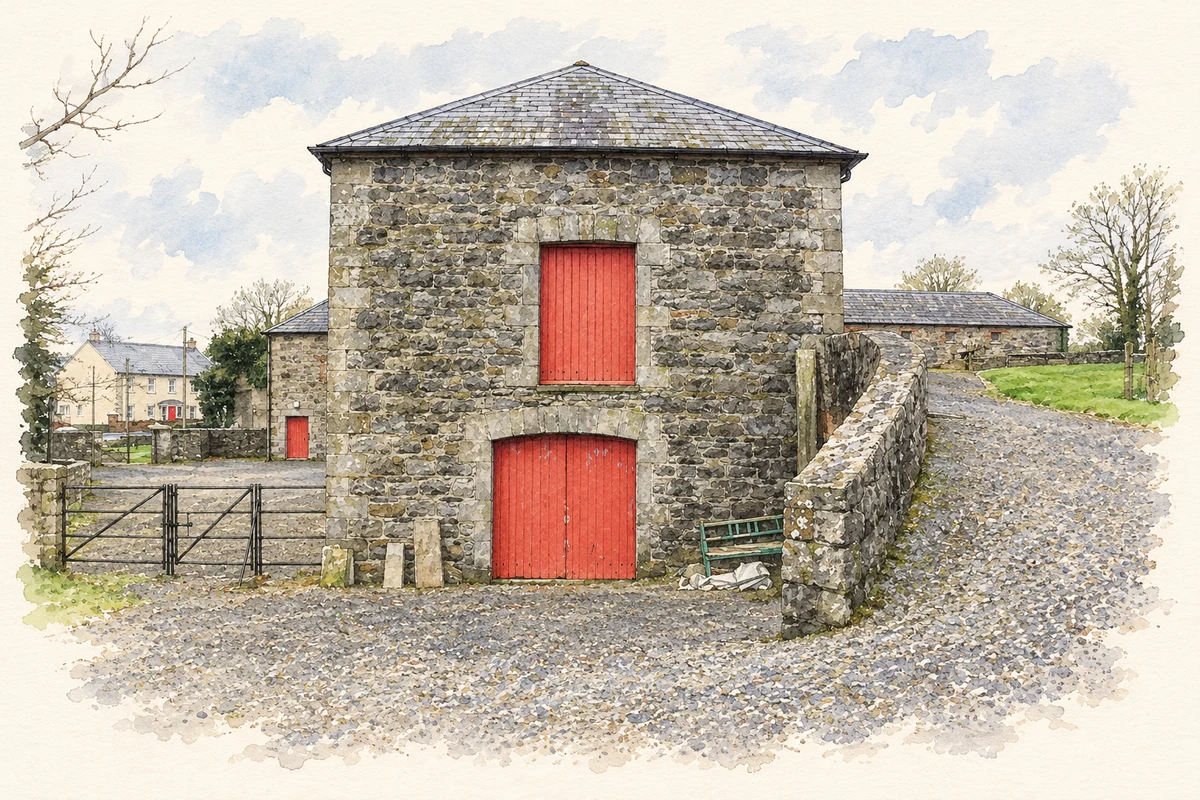 Watercolour and fine ink illustration of Old corn mill near Dyan, as photographed in 2015.