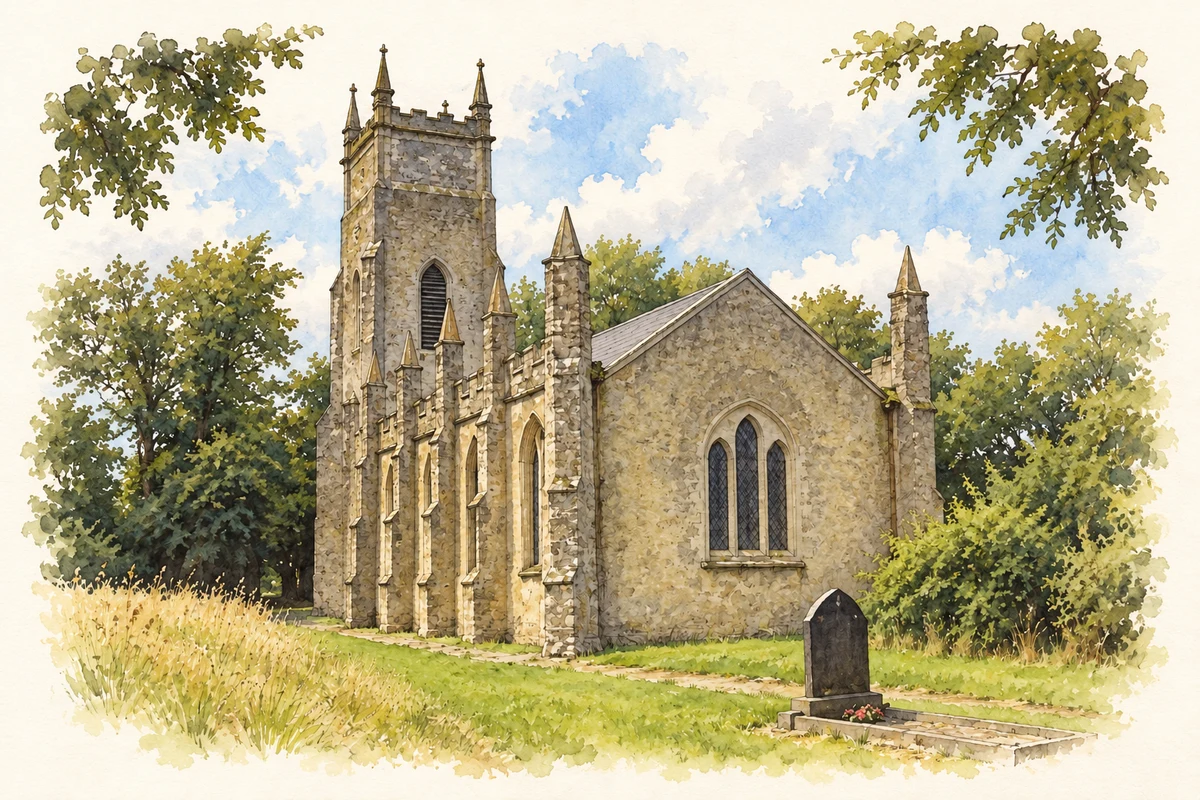 Watercolour and fine ink illustration of Saint John the Baptist’s Church, Dunany, as photographed in2008.