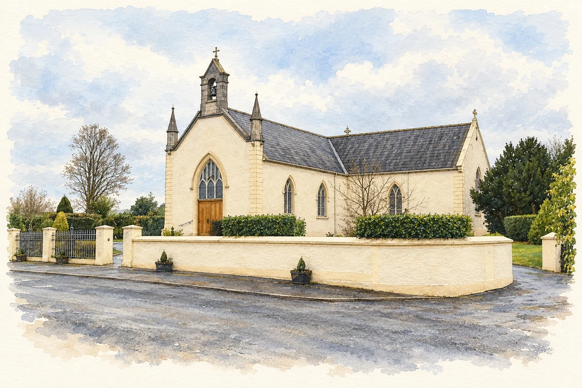 Watercolour and fine ink illustration of Saint Malachy’s Church, Reaghstown, near Edmondstown, as photographed in 2010.
