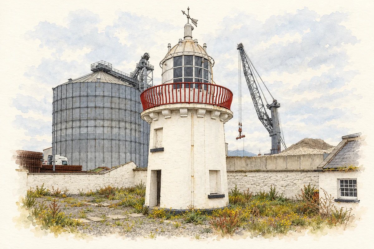 Watercolour and fine ink illustration of Greenore Lighthouse, as photographed in 2024.