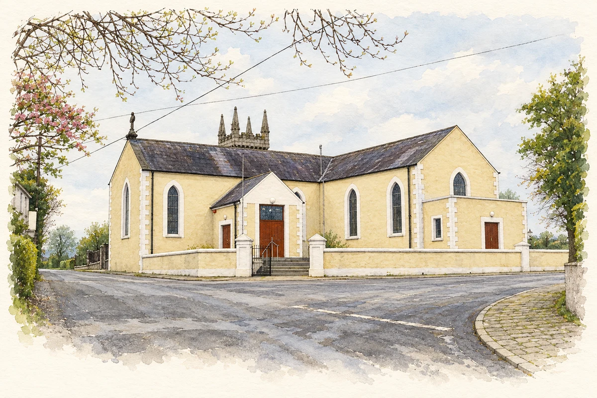 Watercolour and fine ink illustration of The Church of the Immaculate Conception at Kilcurly, as photographed in 2009.