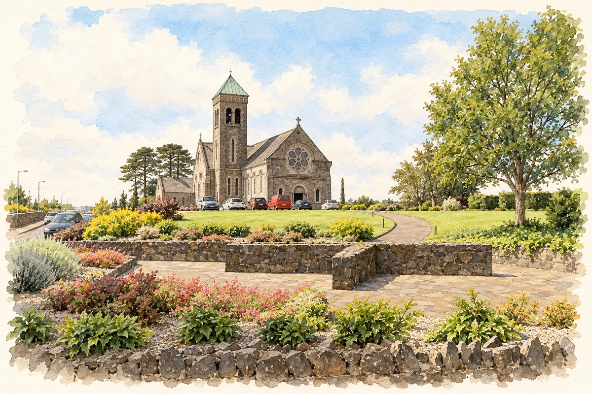Watercolour and fine ink illustration of Saint Brigid’s Church at Kilcurry, as photographed in 2012.