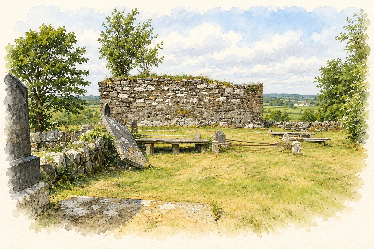 Watercolour and fine ink illustration of Ruined church at Scarvagherin near Fyfin, as photographed in 2018.