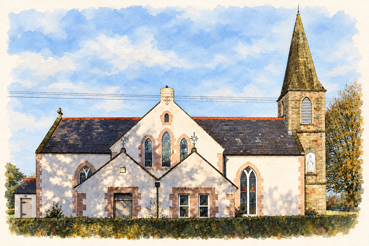 Watercolour and fine ink illustration of Saint Mary's Church at Knockmoyle, as photographed in 2023.