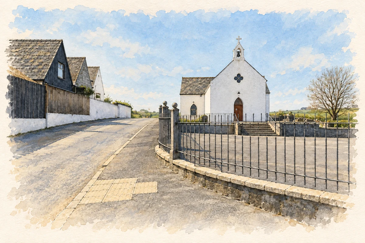 Watercolour and fine ink illustration of Saint Matthew’s Church, Garvaghy, County Tyrone, as photographed in 2025.