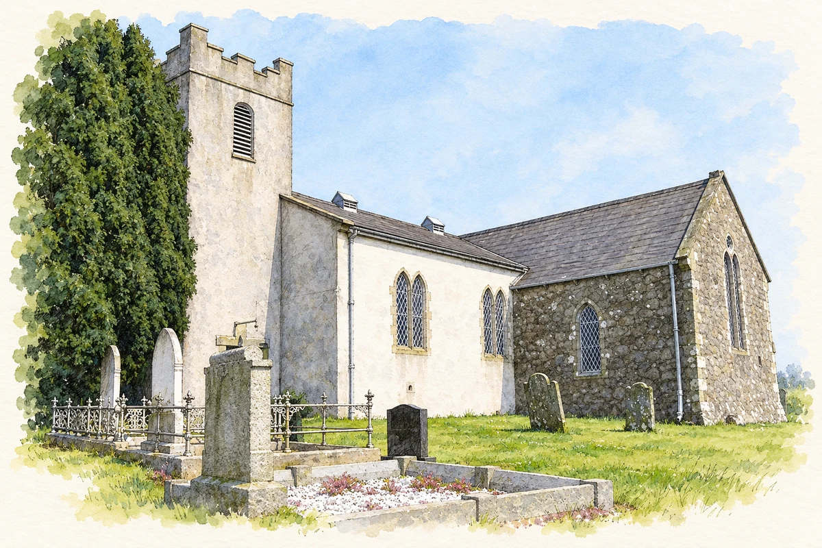Watercolour and fine ink illustration of Saint Paul’s Church at Killeeshil, as photographed in 2006.