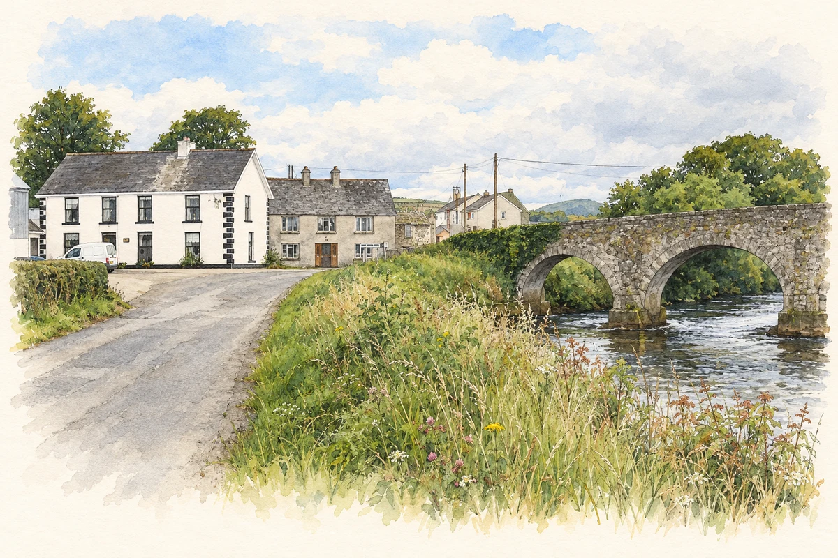 Watercolour and fine ink illustration of Killeter Bridge and Woodside Road, as photographed in 2012.