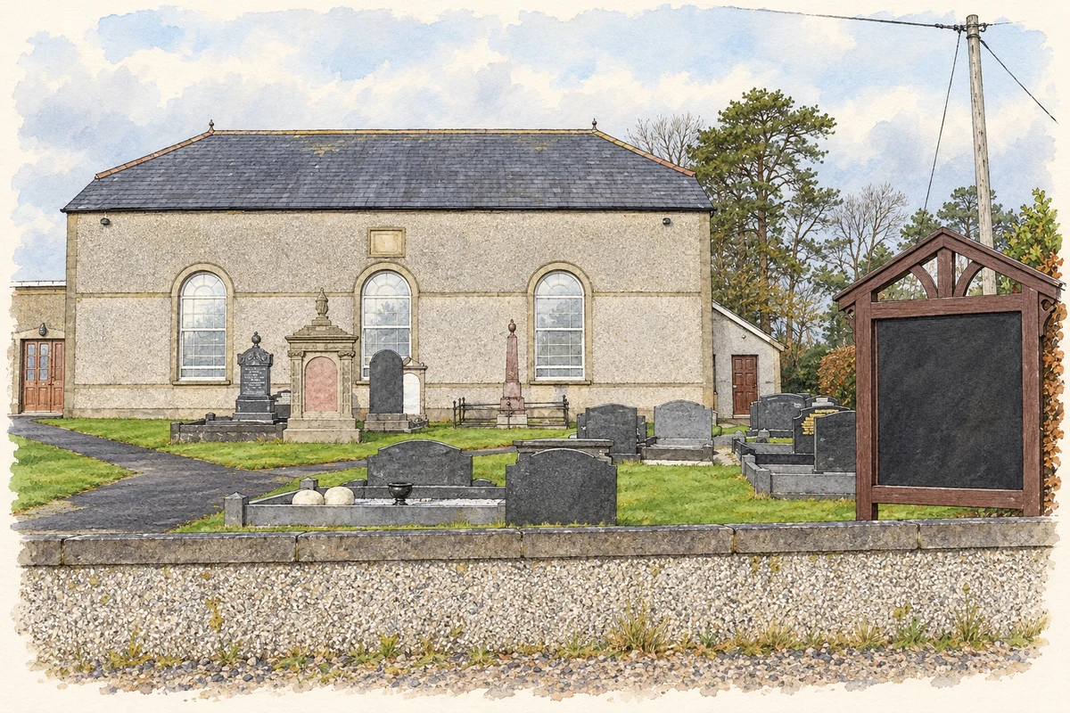 Watercolour and fine ink illustration of Albany Presbyterian Church at Killycolpy, as photographed in 2006.