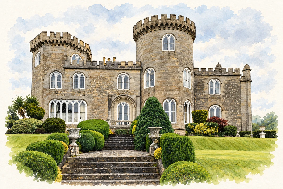Watercolour and fine ink illustration of Killymoon Castle and its garden, as photographed in 2026.