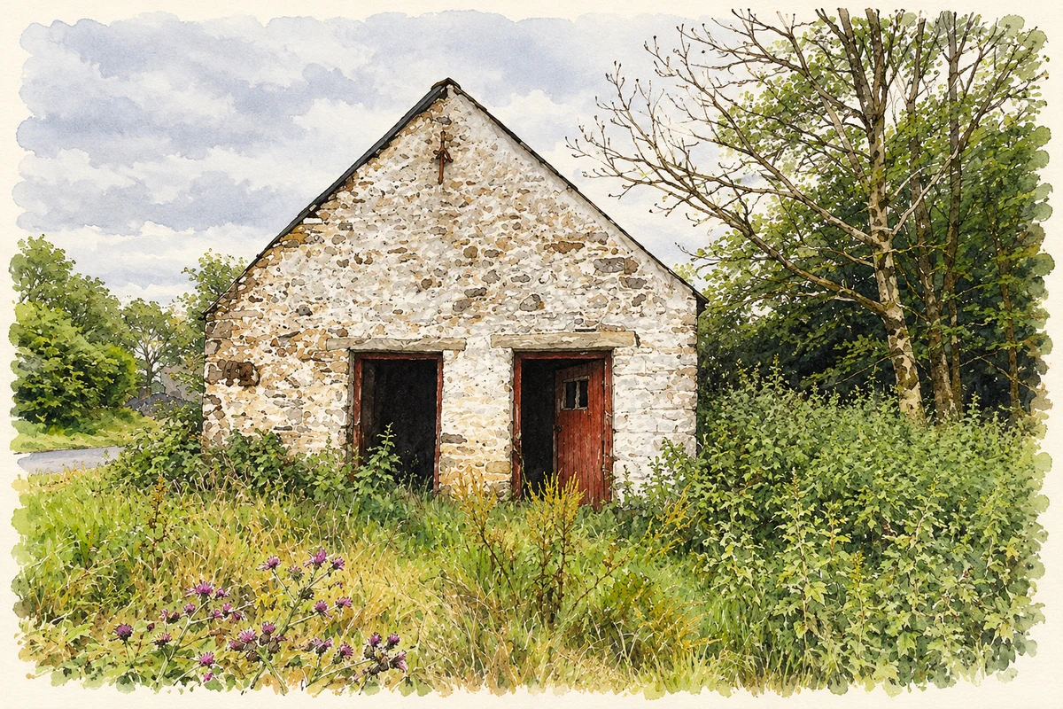 Watercolour and fine ink illustration of An old byre at Knocknahorn, as photographed in 2025.