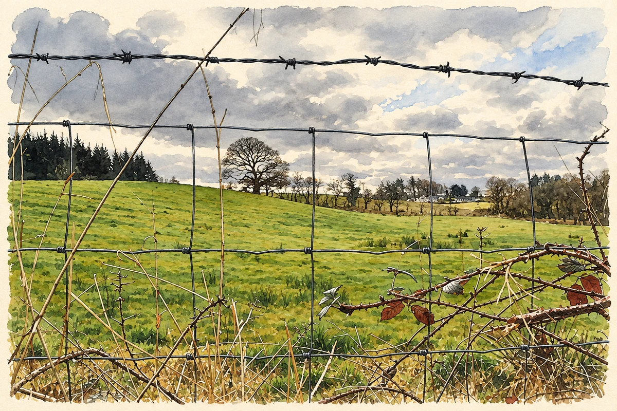 Watercolour and fine ink illustration of Fields in Legland townland, as photographed in 2025.