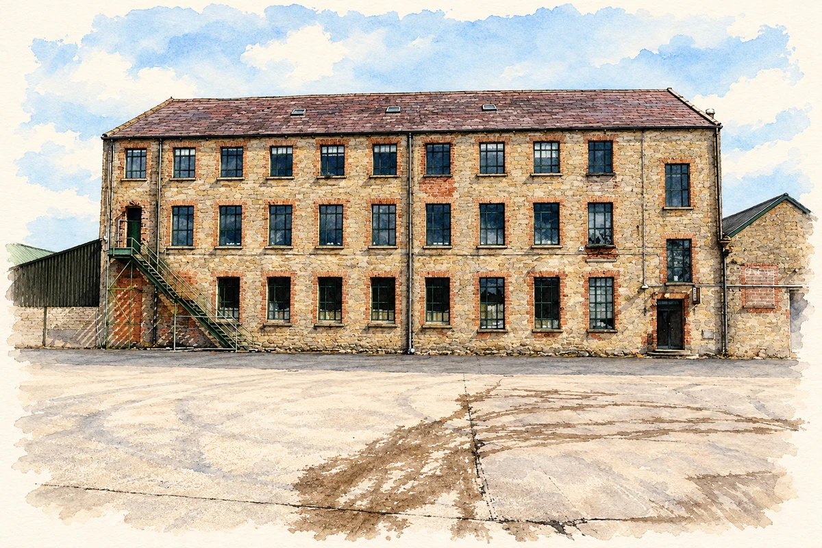 Watercolour and fine ink illustration of Lisdoart old mill as photographed in 2017.