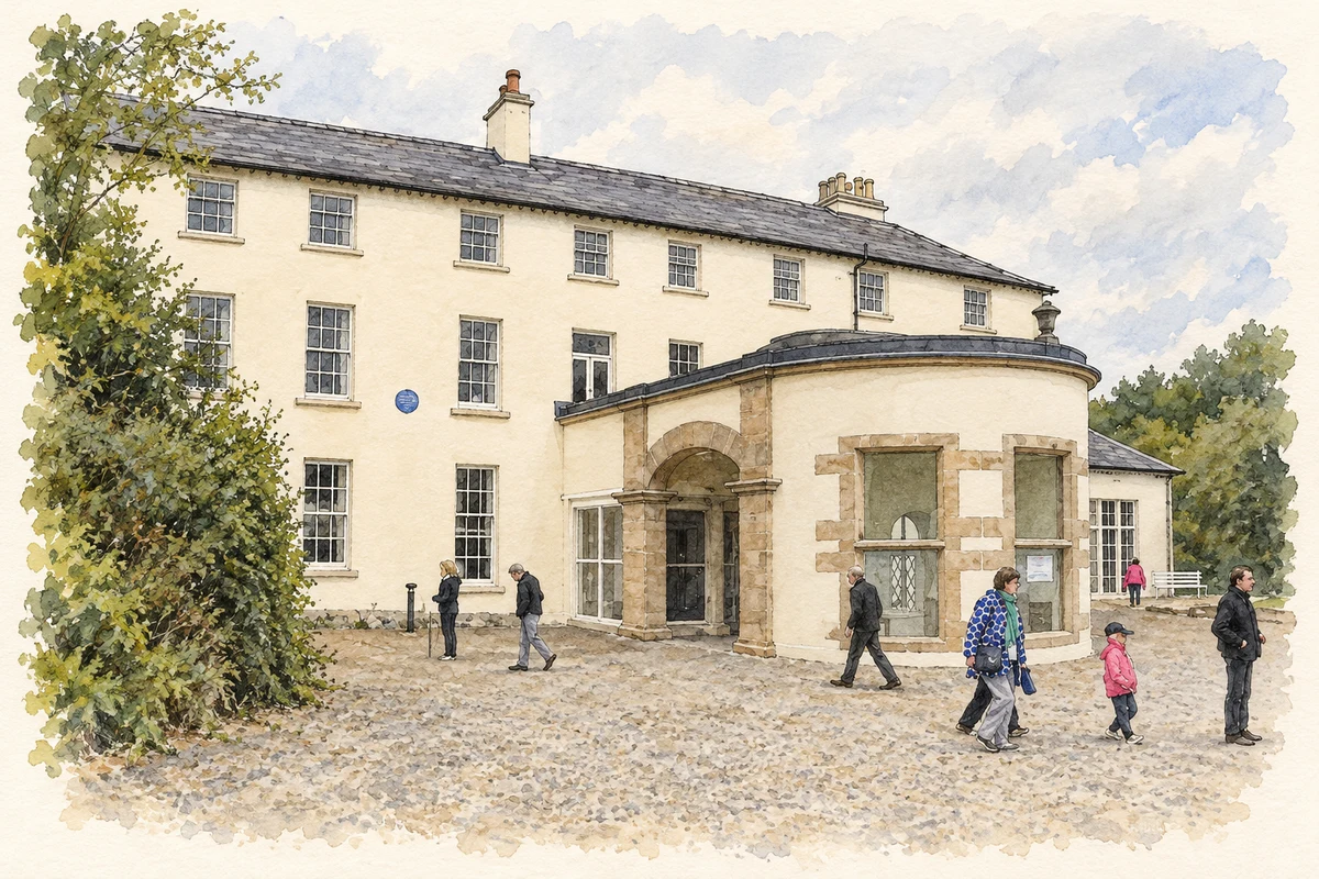 Watercolour and fine ink illustration of Lissan House near Cookstown, as photographed in May 2012.