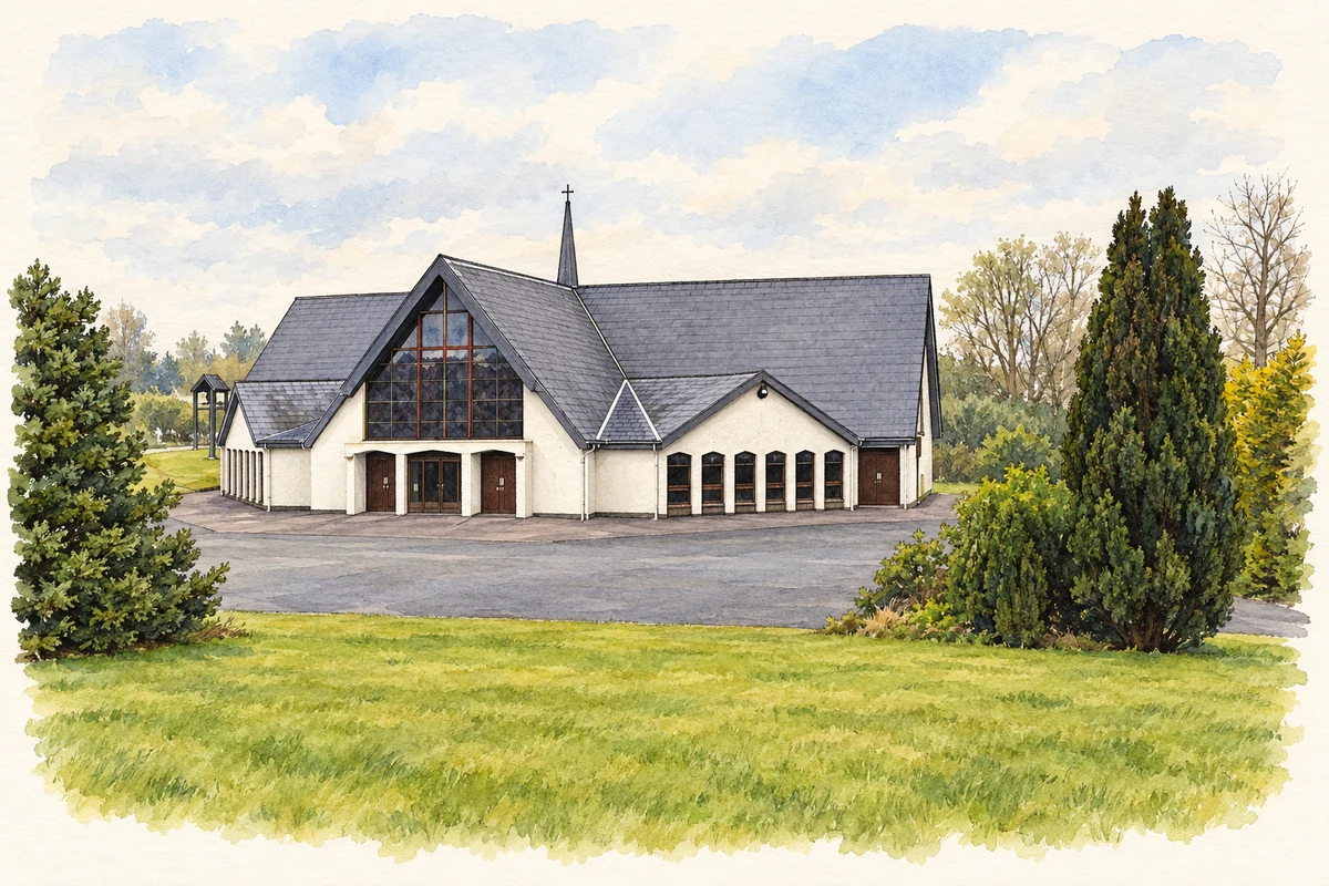 Watercolour and fine ink illustration of Saint Mary’s Church at Loughmacrory, as photographed in March 2013.