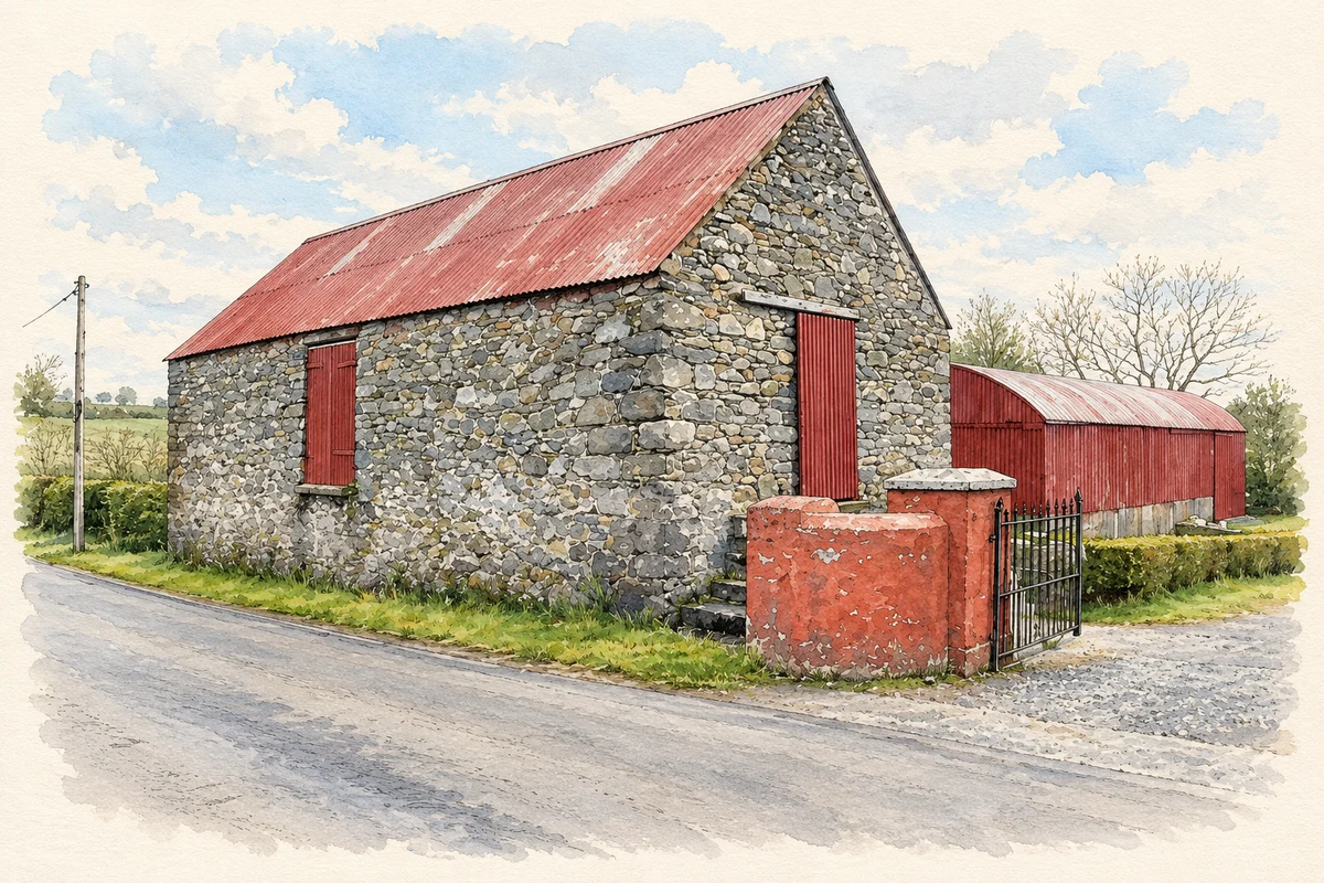 Watercolour and fine ink illustration of Stone barn beside Greencastle Road in Sheskinshule, County Tyrone, as photographed in May 2013.