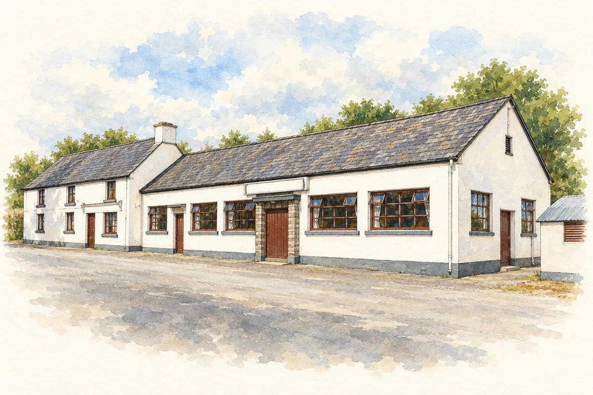 Watercolour and fine ink illustration of Kennedy's Lounge and attached house, Doocastle, County Mayo.