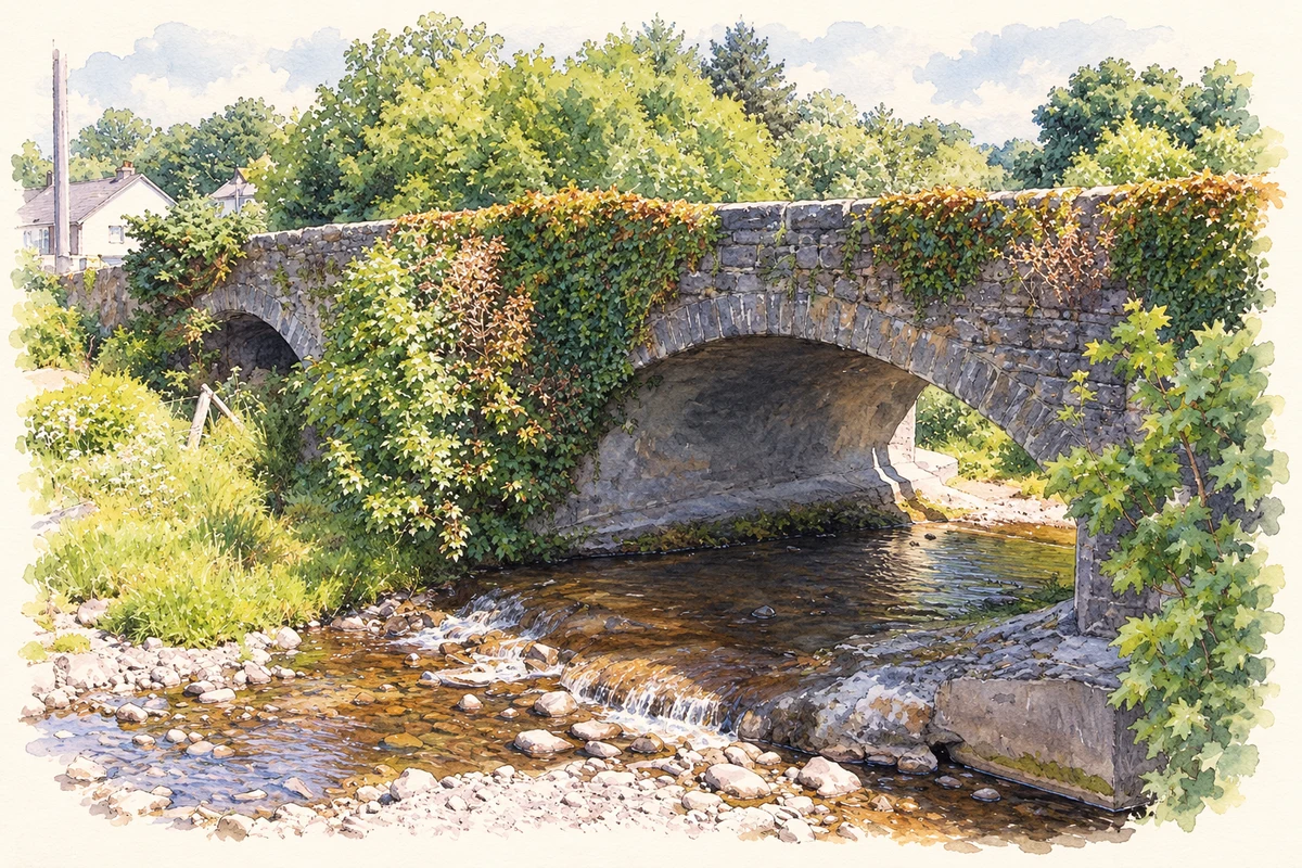 Watercolour and fine ink illustration of Part of the old stone bridge at Laghey, as photographed in 2008.