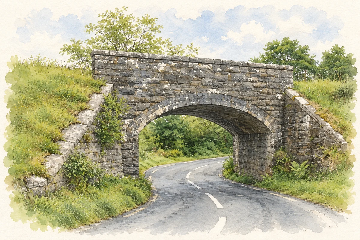 Watercolour and fine ink illustration of Railway bridge over the R320, near Ballyfarnagh.