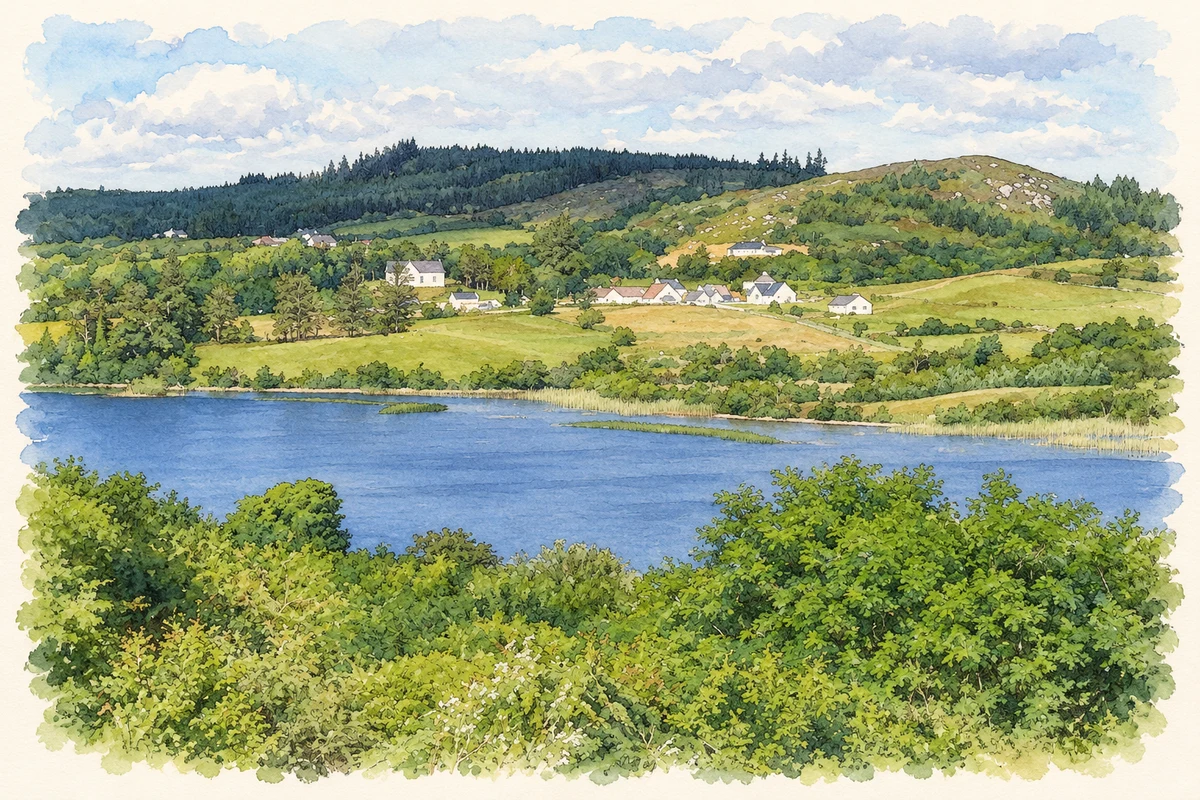 Watercolour and fine ink illustration of Callow Lough Lower, near Callow, County Mayo.