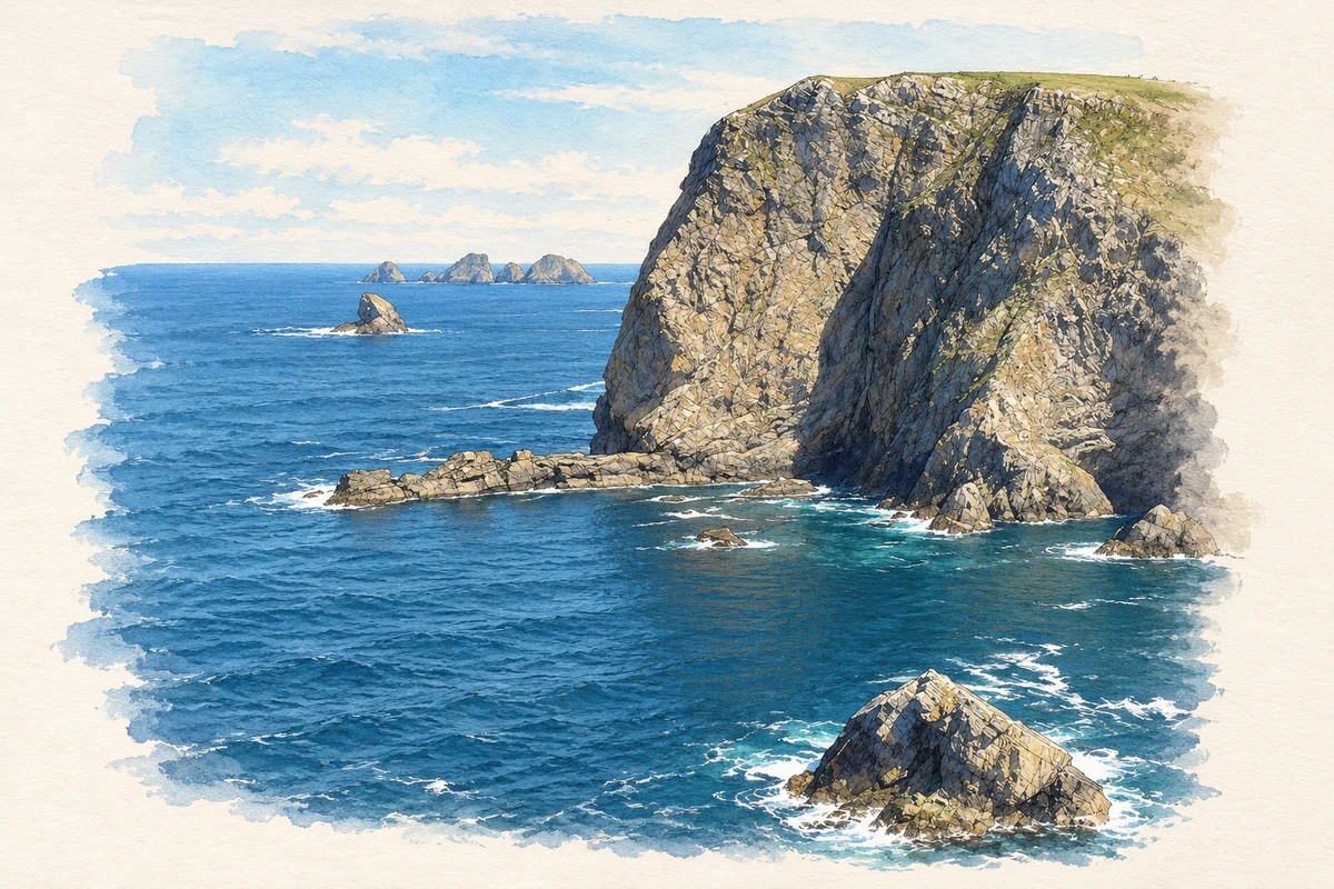 Watercolour and fine ink illustration of Benwee Head cliffs, near Carrowteige.
