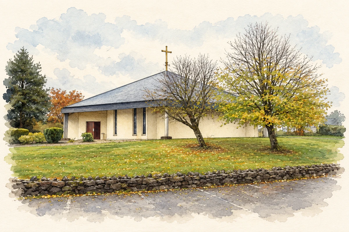 Watercolour and fine ink illustration of Saint Patrick's Church, Dooish Road, near Dooish, County Tyrone.