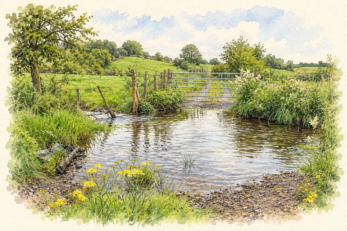 Watercolour and fine ink illustration of Ford on the Routing Burn near Curr.