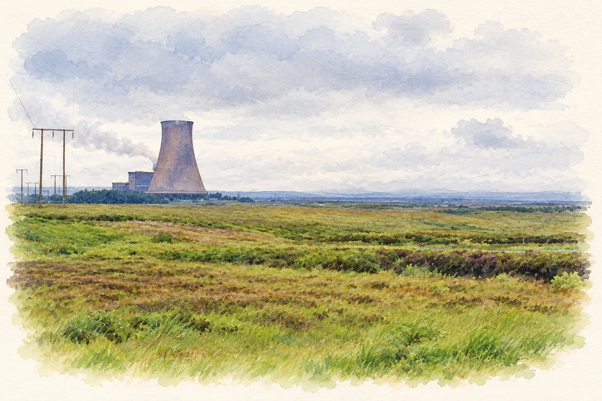 Watercolour and fine ink illustration of Bellacorick power station, County Mayo, in 1993.
