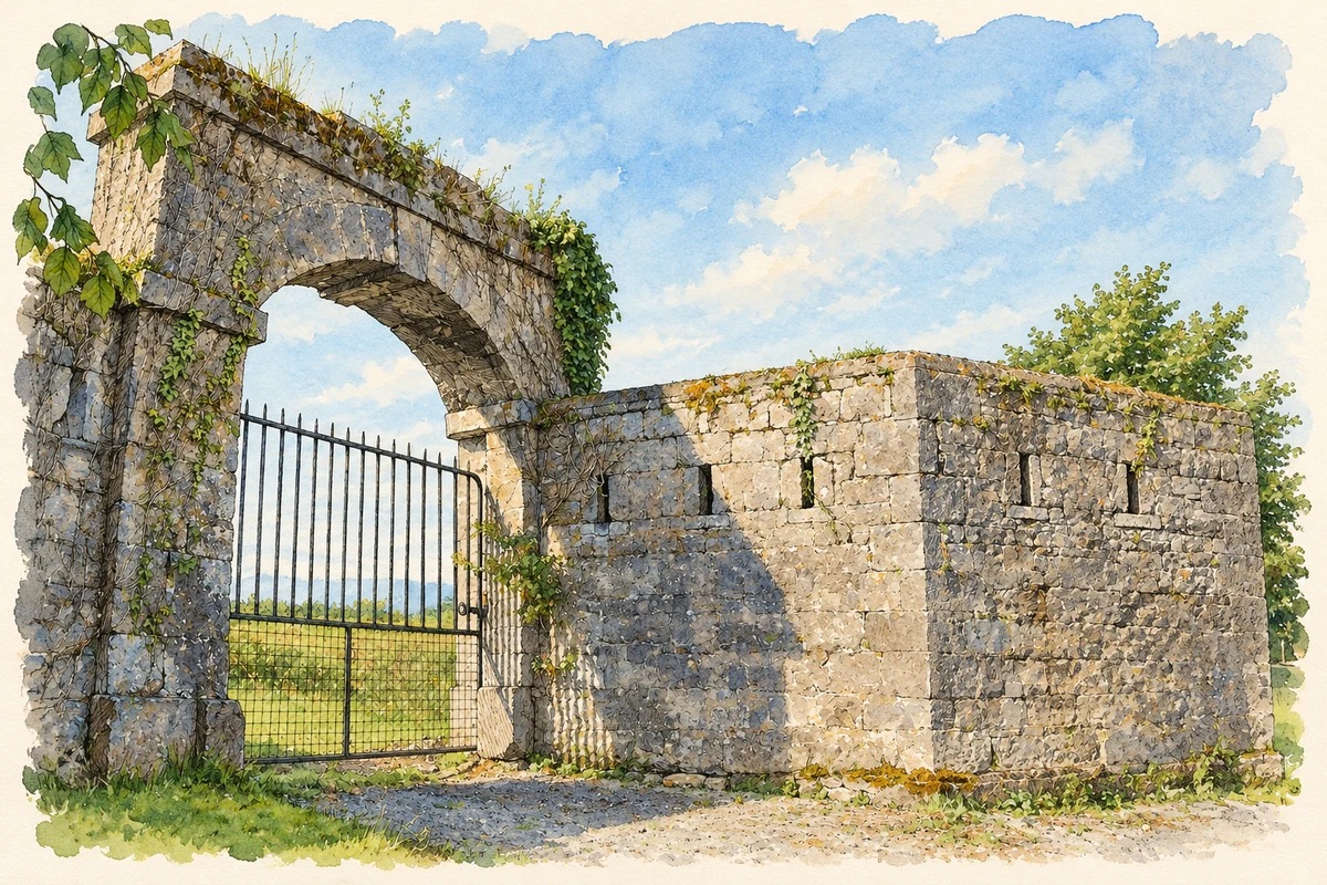Watercolour and fine ink illustration of Military barracks gateway ruins, Crinkill, County Offaly.