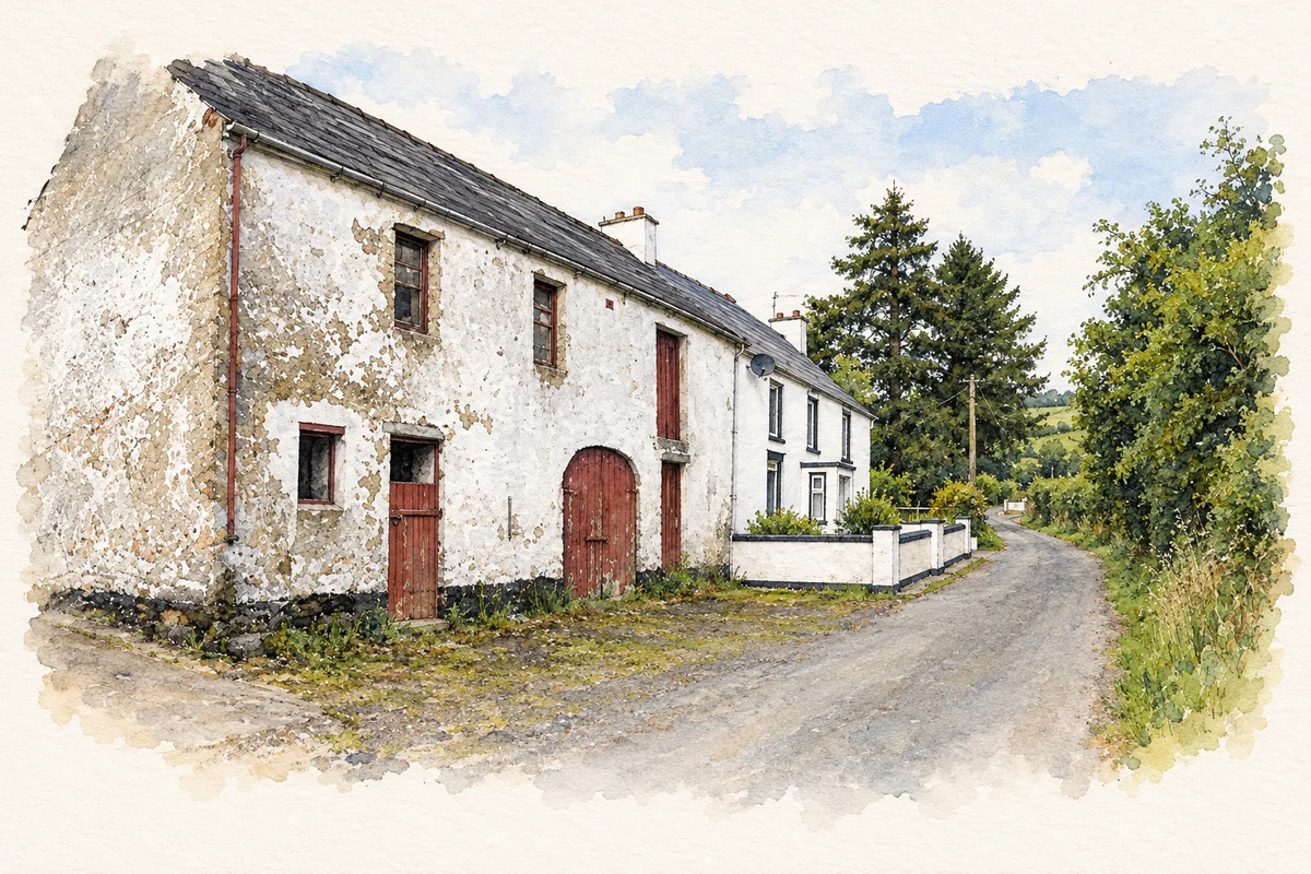 Watercolour and fine ink illustration of Old roadside buildings at Cullion.