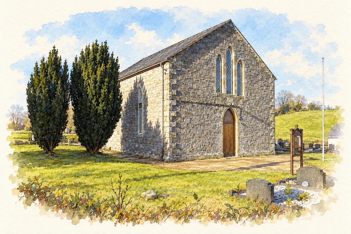 Watercolour and fine ink illustration of Ballymagrane Presbyterian Church, Crilly.