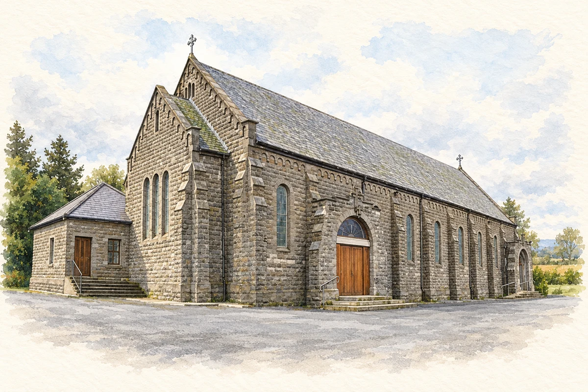 Watercolour and fine ink illustration of Catholic church at Creggan, County Tyrone.