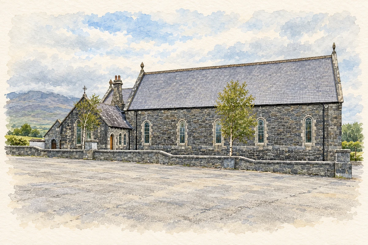 Watercolour and fine ink illustration of Saint Mary's Church, Bofeenaun.