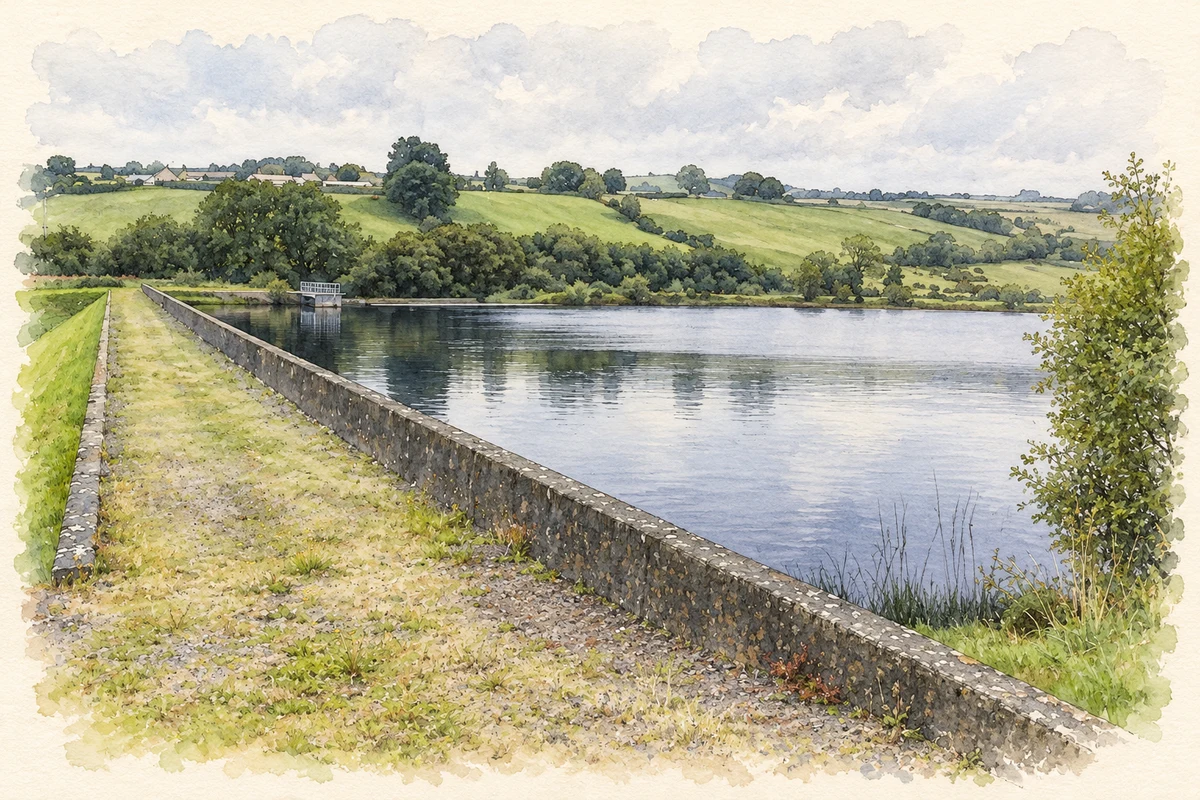 Watercolour and fine ink illustration of Reservoir near Cappagh, County Tyrone.