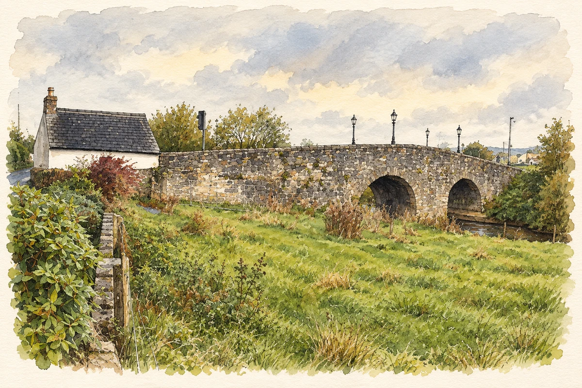 Watercolour and fine ink illustration of King James' Bridge, originally Campsie Bridge, near Campsie, Omagh.