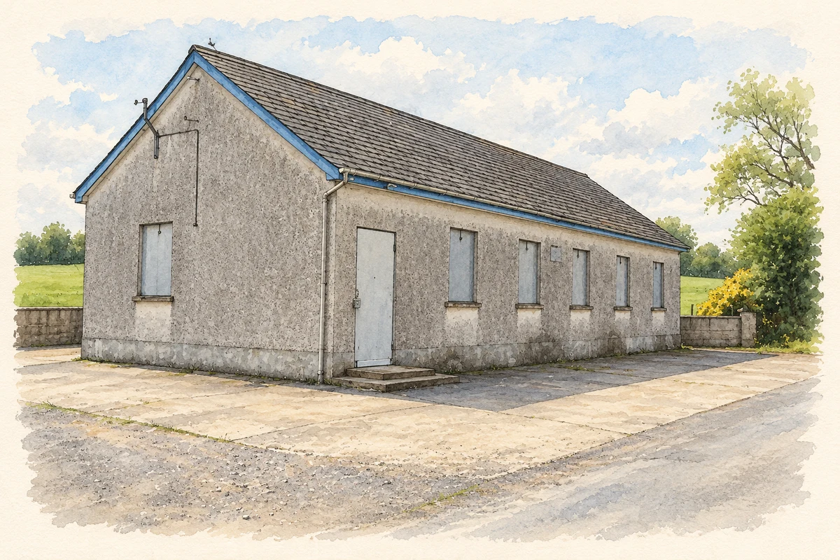 Watercolour and fine ink illustration of Mulnahunch Orange Hall, near Cabragh, County Tyrone.