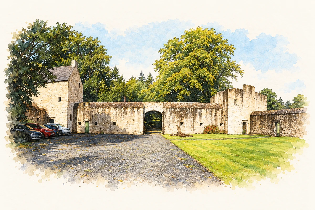 Watercolour and fine ink illustration of Benburb Castle courtyard, County Tyrone.