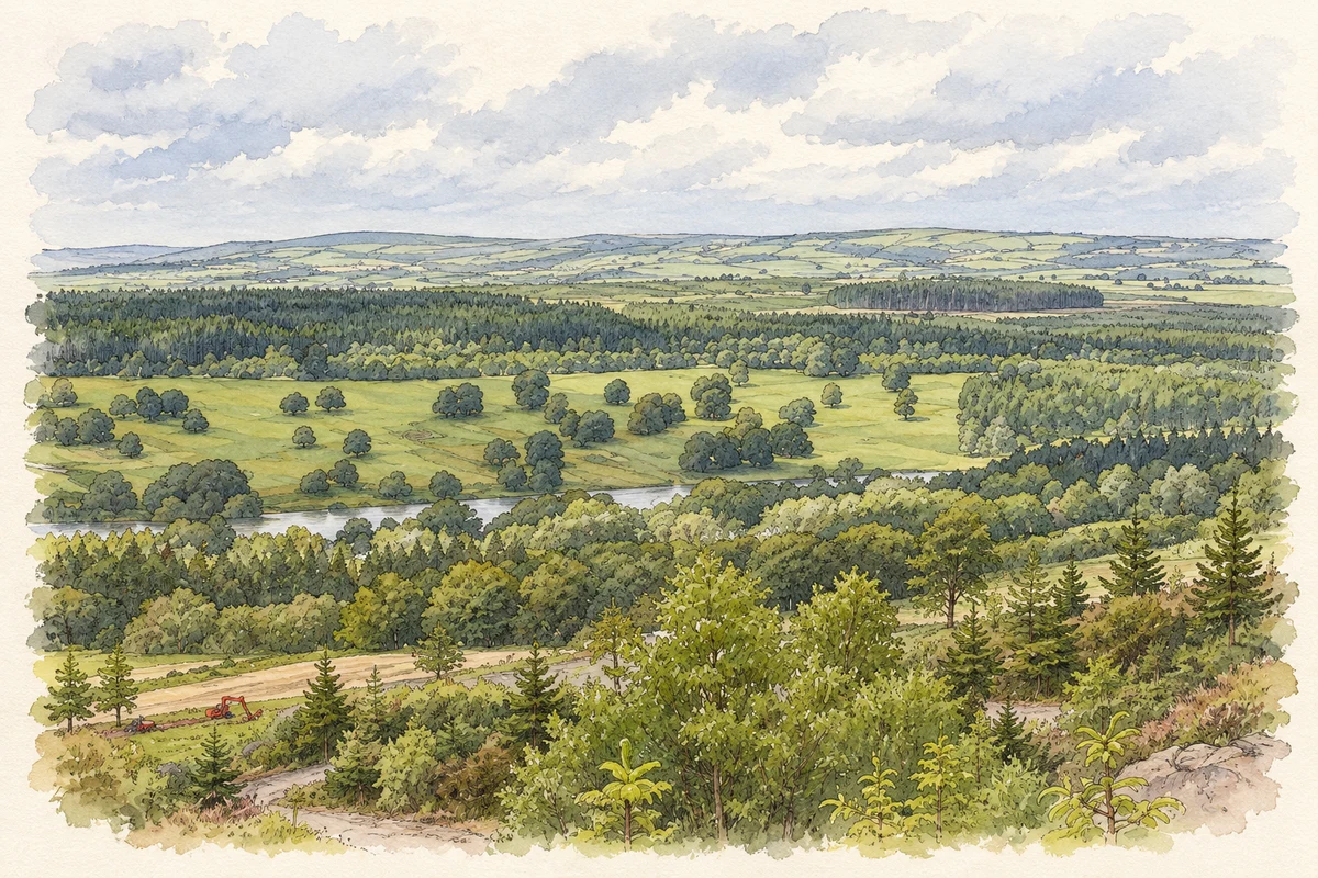 Watercolour and fine ink illustration of Historic landscaped park at Baronscourt Estate.