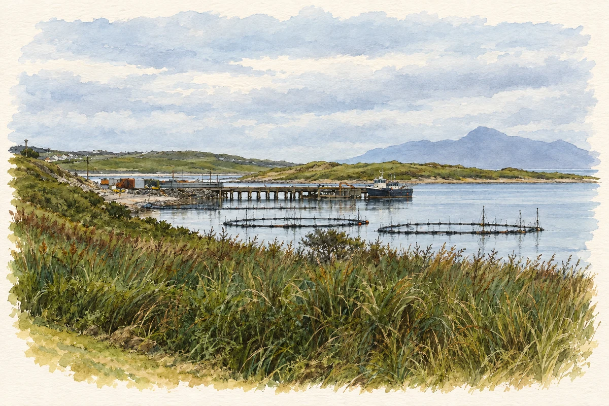 Watercolour and fine ink illustration of Cloghmore pier and Achill Sound.