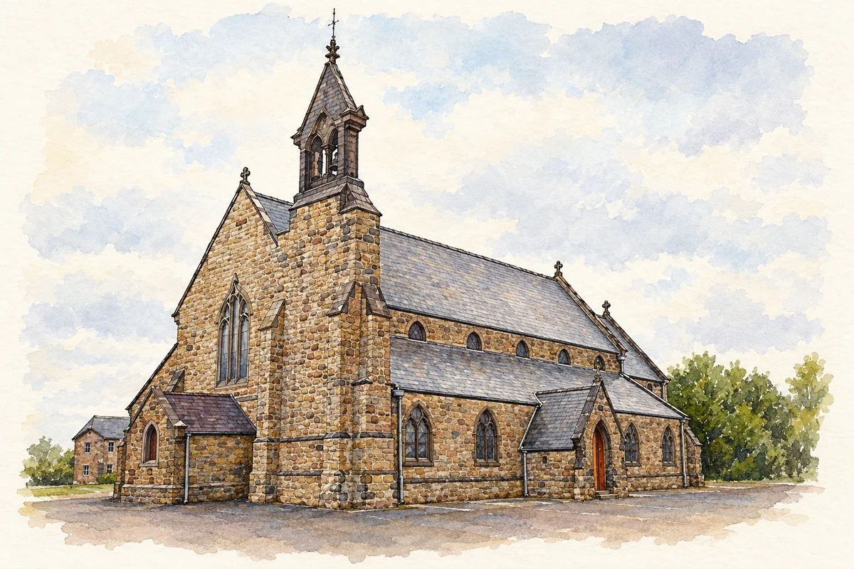 Watercolour and fine ink illustration of Church of the Immaculate Conception and St Joseph, Bohola, County Mayo.
