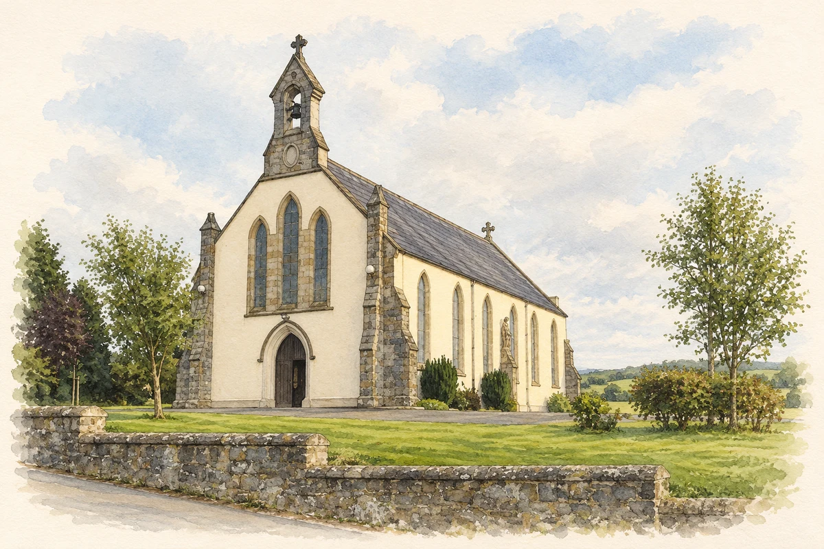 Watercolour and fine ink illustration of All Saints' Church, Doohamlat.