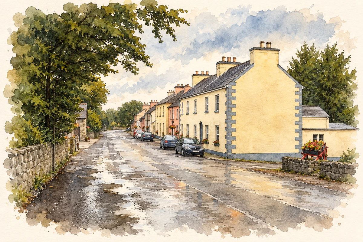 Watercolour and fine ink illustration of Village street, Croghan, County Roscommon.