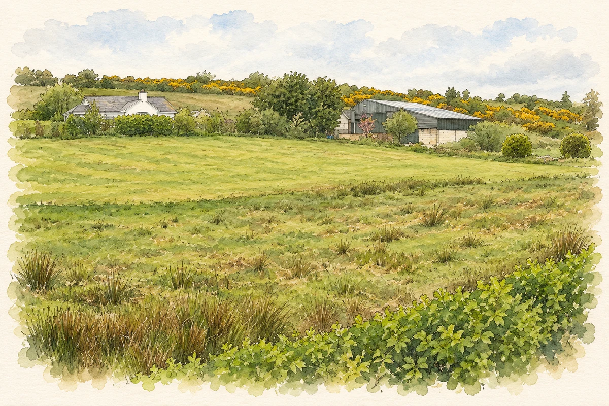 Watercolour and fine ink illustration of Farm and pasture at Derreenargan.