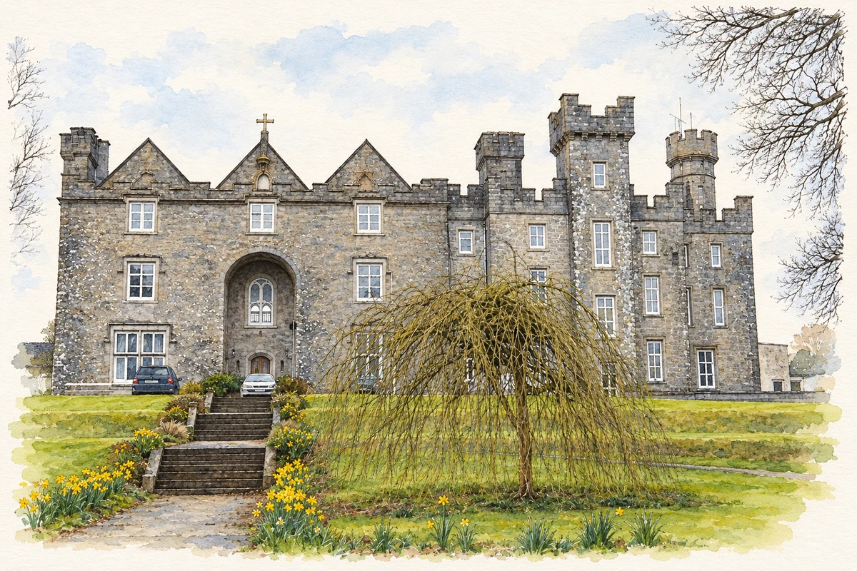 Watercolour and fine ink illustration of Donamon Castle, as photographed in2008.