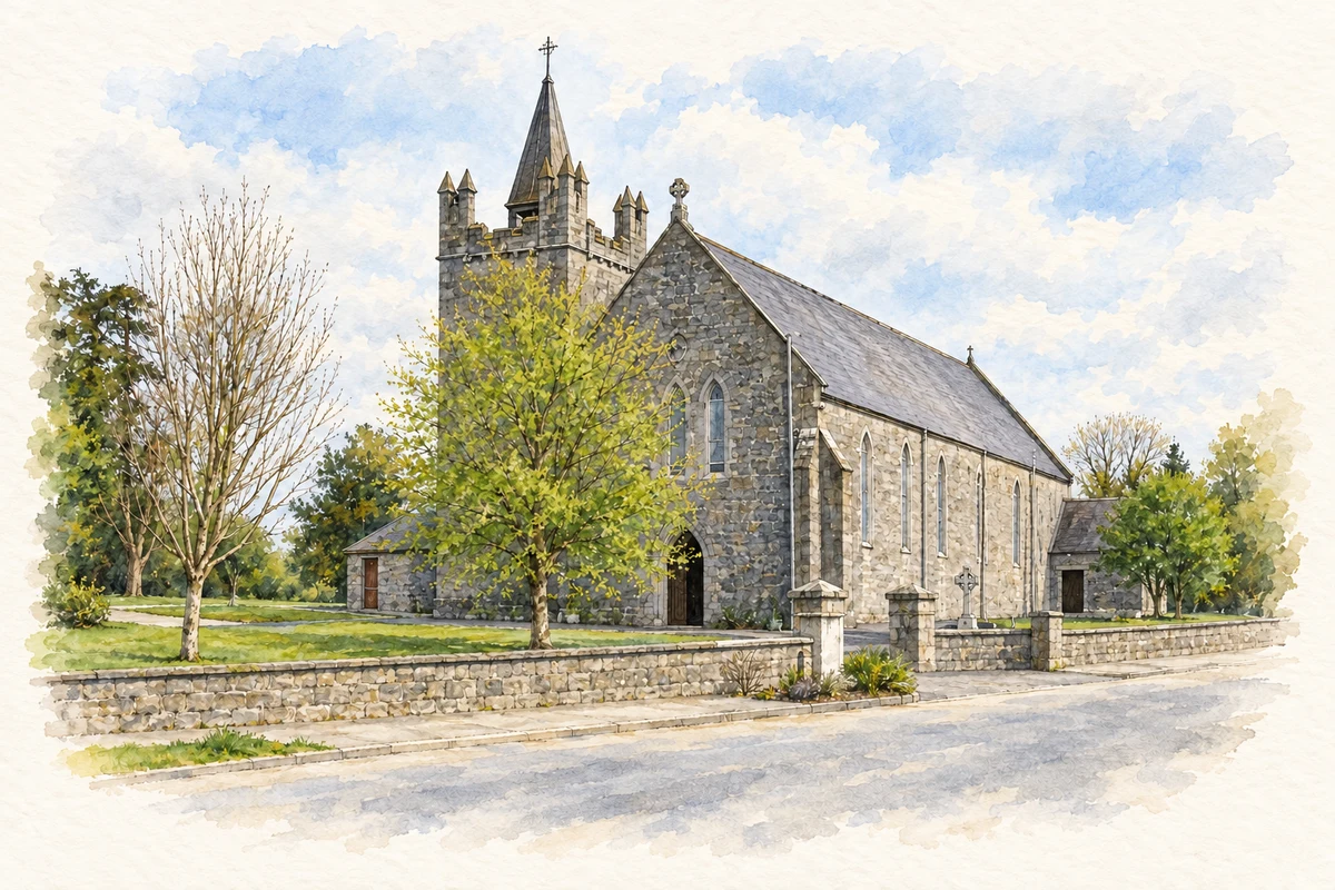 Watercolour and fine ink illustration of Saint Patrick's Church, Knockcroghery.